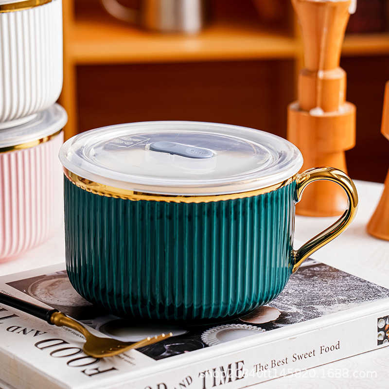 Tazón de fideos instantáneos de cerámica creativa con tapa para estudiantes de dormitorio con mango Tazón de fideos instantáneos para comedor Caja de almuerzo para uso personal