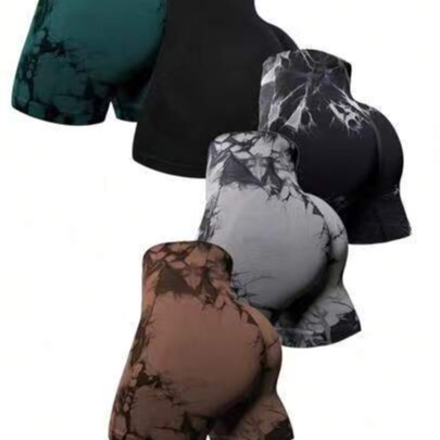 Cross-border seamless knitted tie-dyed yoga shorts women's quick-drying training fitness pants high waist hip lifting sports shorts