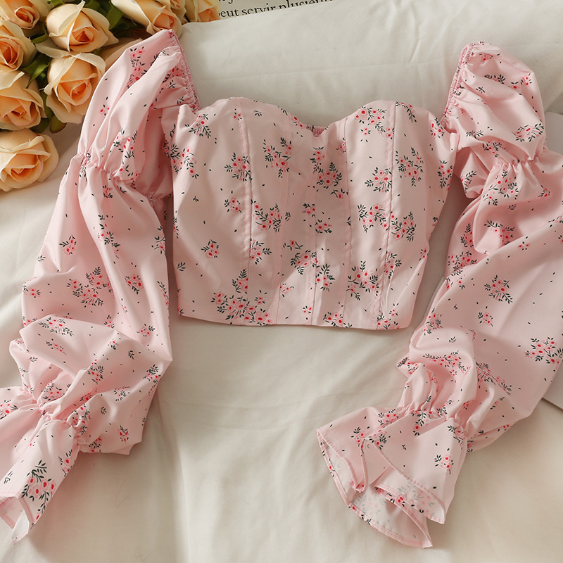 Floral Print Off-Shoulder Top Women's French Style Sweet Flared Unique Fit Collarbone Length Fitted Sleeves_ecoleips.com