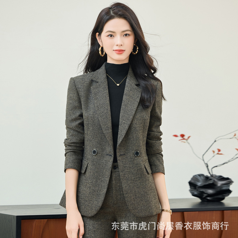 灰色职业装西装外套女秋冬2025新款小个子高级感毛呢加厚西服套装|undefined