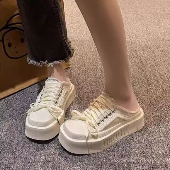 Autumn 2025 New Trendy High-End Thick-Soled Korean-Style Backless Closed-Toe Canvas Mules for Women Versatile