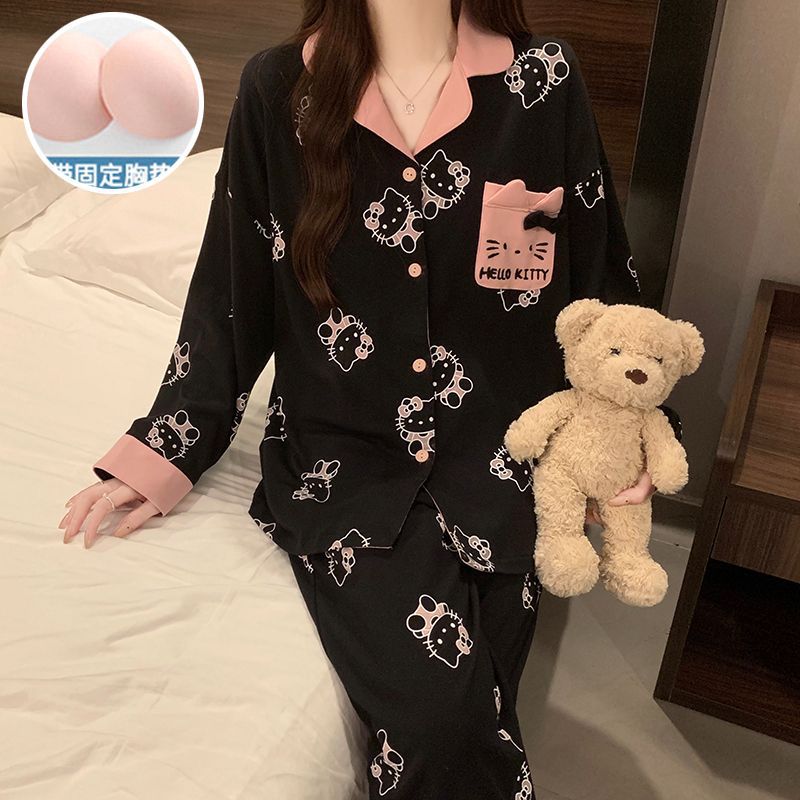Al por mayor transfronterizo otoño nuevo collar con cojín de pecho pijama cardigans de algodón dibujos animados manga larga linda ropa para el hogar