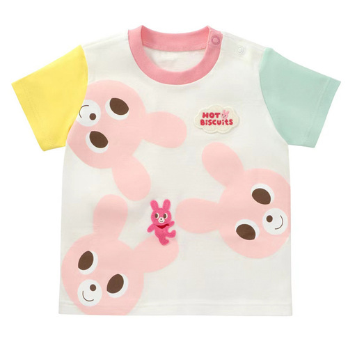 miki children's clothing summer new style cartoon pockmarked bear print short-sleeved T-shirt color matching top for boys and girls