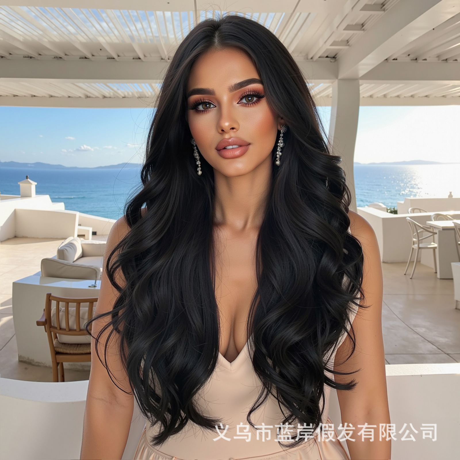 Peluca larga rizada nueva transfronteriza para mujer, peluca completa, estilo europeo y americano, con raya en medio, peluca de fibra sintética negra.