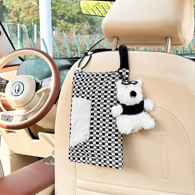 Blue Rain Car Tissue Box Cute Checkerboard Car Seat Back-Mounted Tissue Bag Creative Car Decoration Supplies (Car tissue box/set) - bubble-checkerboard-hanging-tissue-box-black-and-white-diy-puppy