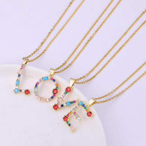 Letter Necklace for Women, 26 Letters, Copper Accented with Colorful Zirconia and Crystal Agate, Stainless Steel Chain Necklace