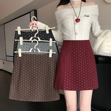 秋冬韩版复古牛仔布保暖圆点点字紧身裙