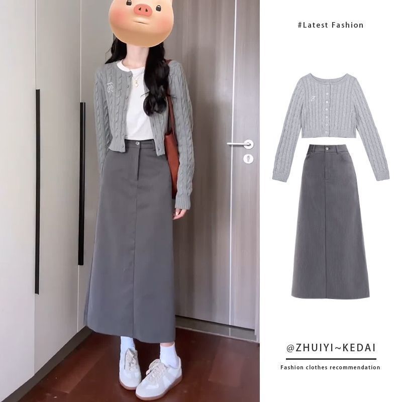秋季休闲轻熟套装女2025新款短款毛衣开衫外套搭显瘦中长款半身裙|undefined
