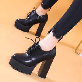 春季新款新品时尚深口鞋防水台女鞋粗跟高跟鞋圆头系带单鞋女超纤