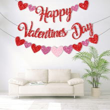 情人节拉旗Happy Valentines Day爱心闪粉拉花派对装饰品拉条横幅