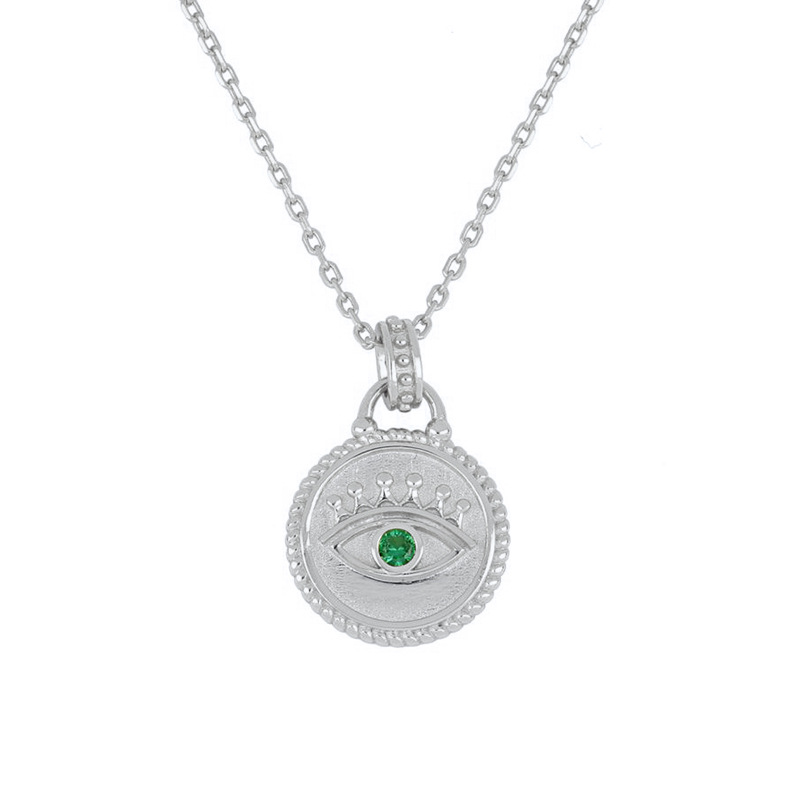 S925 Silver Evil Eye Necklace Devil Eye Green Zircon Coin Pendant Clavicle Chain display picture 3