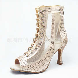 欧美水钻绑带舞蹈靴高跟女heels夜店舞会爵士靴钢管舞跳舞鞋拉丁