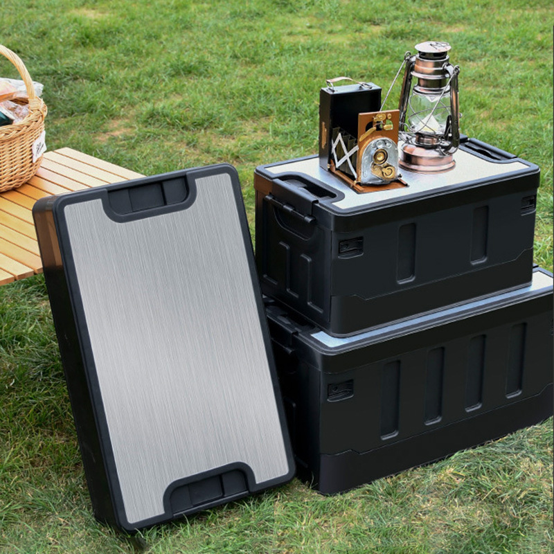 出口高品质黑色铝合金贴皮木盖露营箱大容量塑料折叠收纳箱整理箱