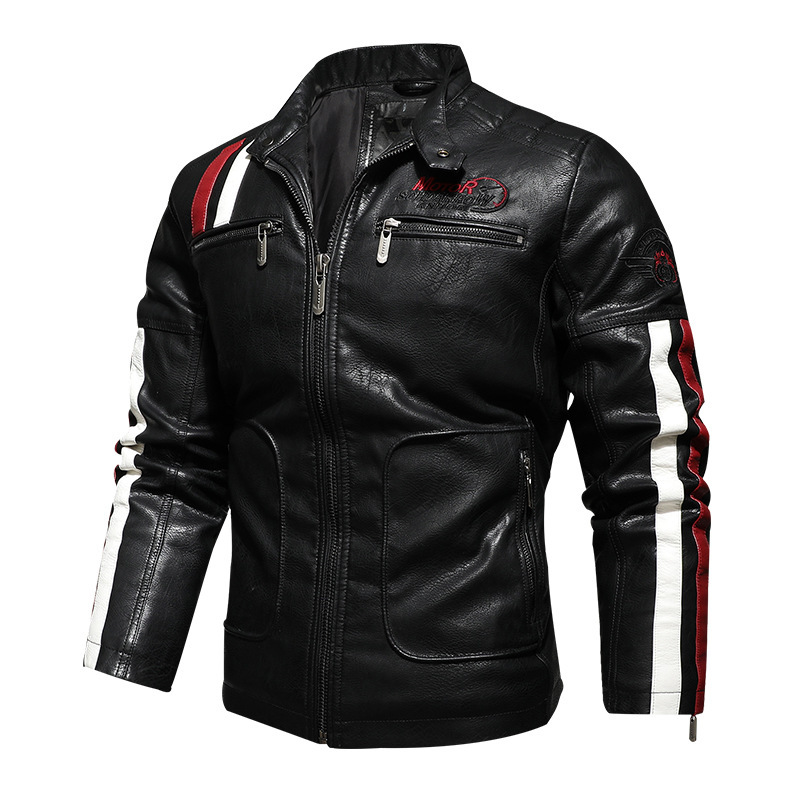 メンズレザージャケット、秋冬バイクレザージャケット、レーシングジャケット、カラーブロック刺繍バイクPUジャケット、防風コットンジャケット|undefined