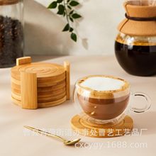 6件套竹木杯垫带收纳支架咖啡桌热饮饮料隔热垫子竹制杯托