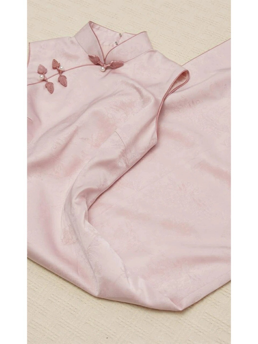Váy sườn xám cách tân hoa anh đào hồng jacquard khóa cài áo Hán phục mùa hè — Màu hồng chi tiết 3