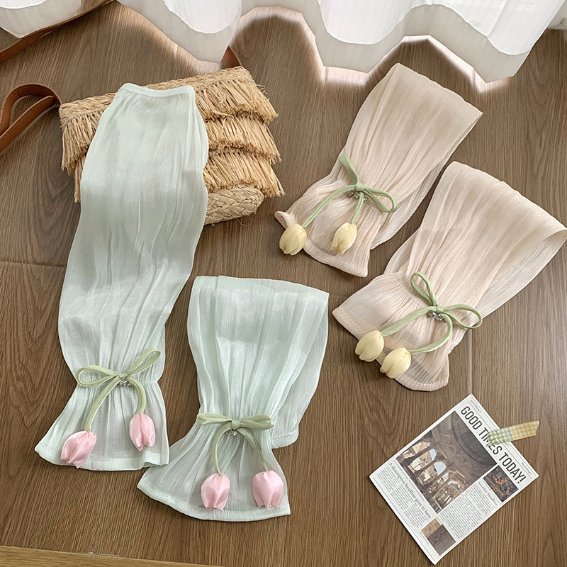 Mangas de hielo, mangas de seda de hielo, verano femenino, nuevo estilo, lazo, flores grandes, mangas de mano sueltas, protectores de brazos, mangas de protección solar para conducir