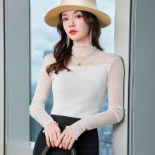 半高领蕾丝打底衫女内搭2025年秋装新款亮丝网纱长袖t恤小衫上衣