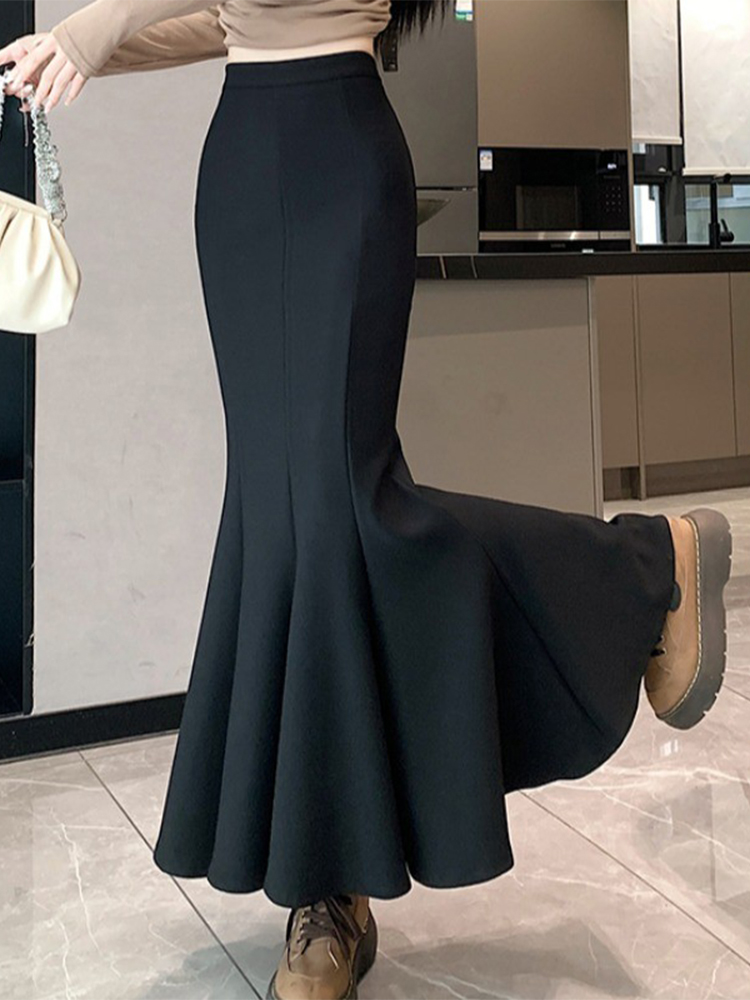 Black Suit Elastic Skirt for Women in Spring and Autum with Large Hem Ruffled Fishtail Skirt Slimming Look High Waist Hip Long Skirt
