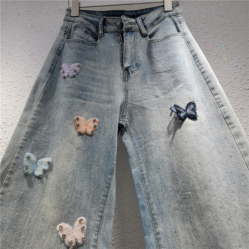 Jeans de Pierna Ancha y Tiro Alto para Mujer con Bordado de Mariposa 3D image 3