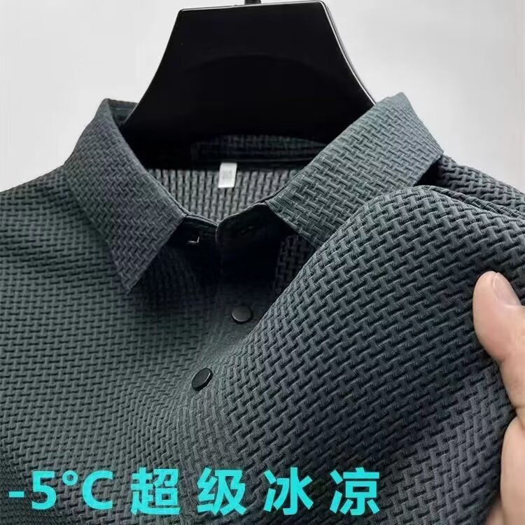 Camiseta de hielo de malla de alta gama cuello de camisa de hombre de color sólido de verano polo deslizante de media manga ropa de hombre