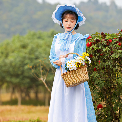 French pastoral style light blue maid dress Spring show outing park shooting parent-child stage performance clothing