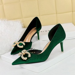 1363-AK79 Banquet Women's Shoes High Heel Suede Shallow Mouth Pointed Side Hollow Water Diamond Buckle Pearl Bow Single Shoe