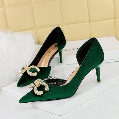 1363-AK79 Banquet Women&apos;s Shoes High Heel Suede Shallow Mouth Pointed Side Hollow Water Diamond Buckle Pearl Bow Si