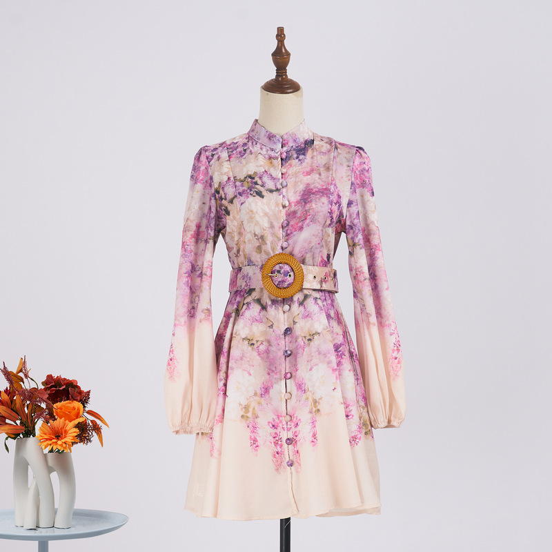 Cross-Border Dress Australian Design Single-Breasted Short Skirt Long-Sleeved Positioning Print with Belt Dress