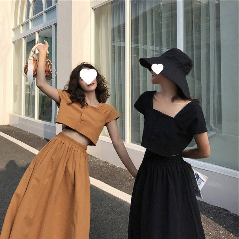 Bestie Outfit French Short-Sleeved Top Women's Short + High-Waisted A-Line Half-Length Skirt Fashion Suit