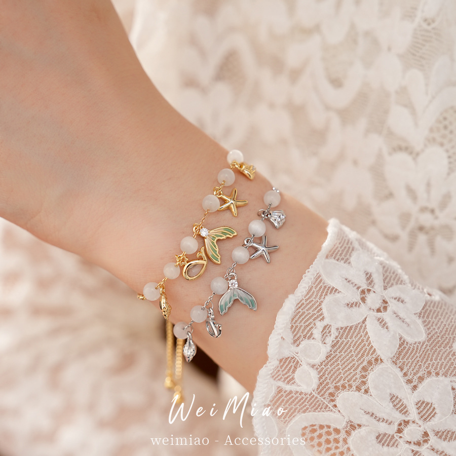 Piedra de ojo de gato, collar de piedra, estrellas de mar, conchas, pulseras de cola de pescado, pulseras de lujo ligeras, accesorios de vacaciones, joyas de mano image 3