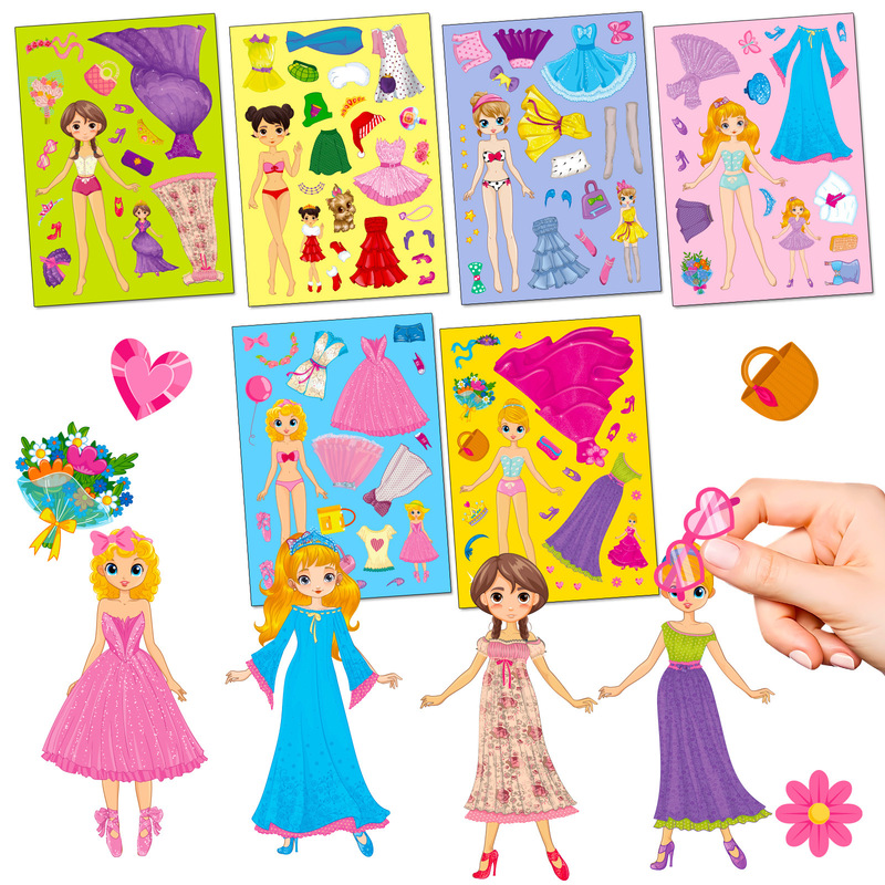 Cross-Border 6 sheets/pack Pink Princess face changing stickers children cartoon diy Princess Make a face puzzle stickers