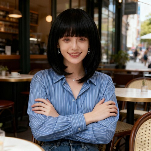 Female Ji Fa Style Wavy Bobo Headpiece Full Head Wig with Straight Fringe Student Simulation