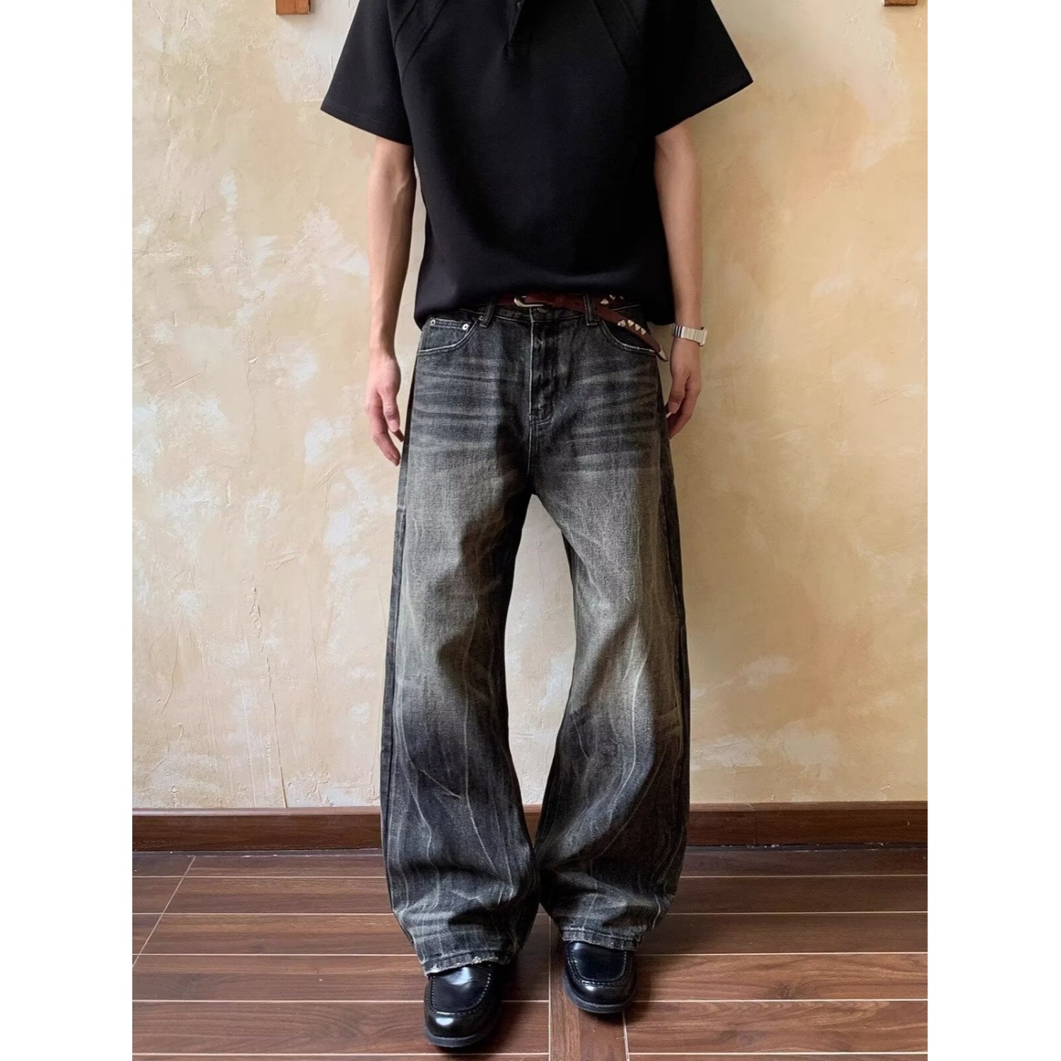 High Street Washed Whiskered Vintage Jeans for Men Trendy Brand Stylish Clean Fit Slim Straight-Leg Bootcut Pants