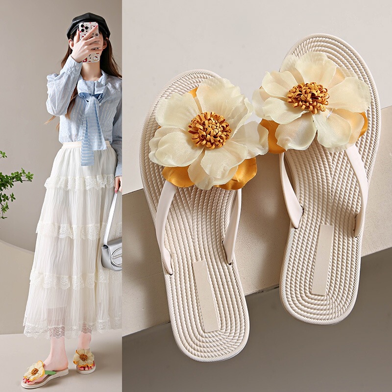 Fairy-Style Flat Flip-Flops for Women, Summer Faux Straw Flower Soft-Soled Pastoral Seaside Vacation Beach Sandals Fairy-Style Flat Flip-Flops for Women, Summer Faux Straw Flower Soft-Soled Pastoral Seaside Vacation Beach Sandals