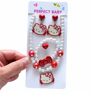 New Cartoon Children Necklace suit Girl Accessories Handmade Beaded Red Cat Sweet Princess Cross Border Jewelry Jewelry