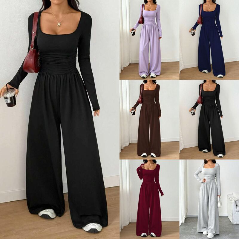 European and American cross-border women's fashion spring and autumn new simple solid color casual versatile square-neck waist-cinching wide-leg long-sleeve jumpsuit