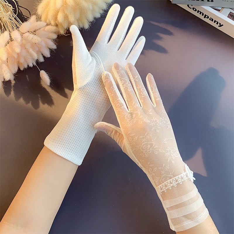Guantes de protección solar primavera y verano encaje arco guantes de pantalla táctil de conducción de las mujeres transpirable al aire libre protección solar guantes de equitación