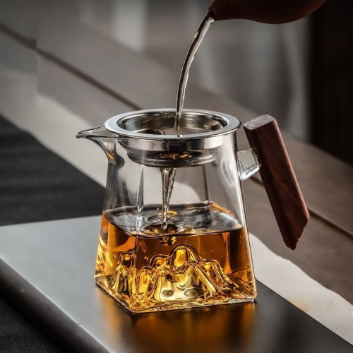 Wooden handle glass mountain view fair cup tea drain integrated male cup tea filter set tea set accessories tea dispenser with handle