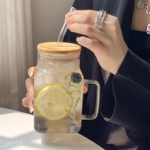 方形带盖吸管杯玻璃杯 ins风带把马克杯柠檬水杯奶茶杯高硼硅杯子