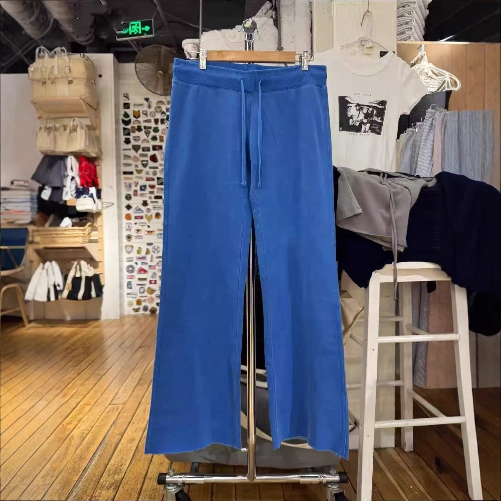 Bm Style Elastic Waist Drawstring Blue Rolled Hem Sweatpants Slimming Casual Pants Wide-Leg Pants Women's Straight Long Pants Sports Pants