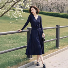 深蓝色针织套装女装2025秋季新款韩版开衫上衣百褶半身裙子两件套
