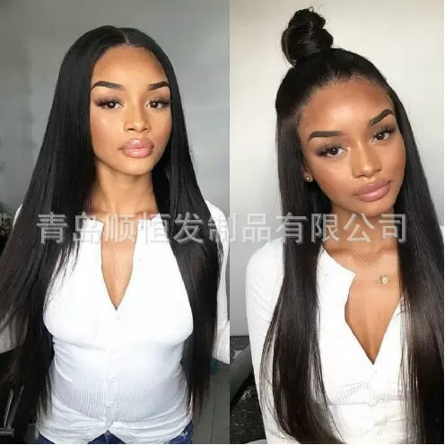 欧美外贸中分黑色长直发前蕾丝高温丝假发手钩仿真全头跨境发型