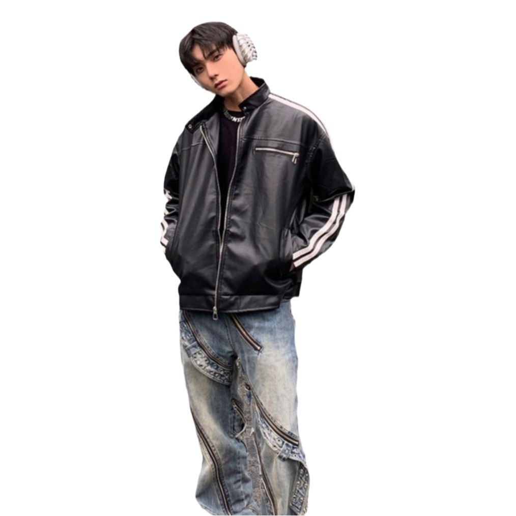 Estilo americano retro Perfil de rayas chaqueta de cuero de Maillard hombres de primavera y otoño diseño de hombro de alta calidad chaqueta de LA PU