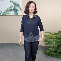 假两件长袖衬衫女2025秋季新款洋气显瘦宽松拼接百搭翻领衬衣上衣