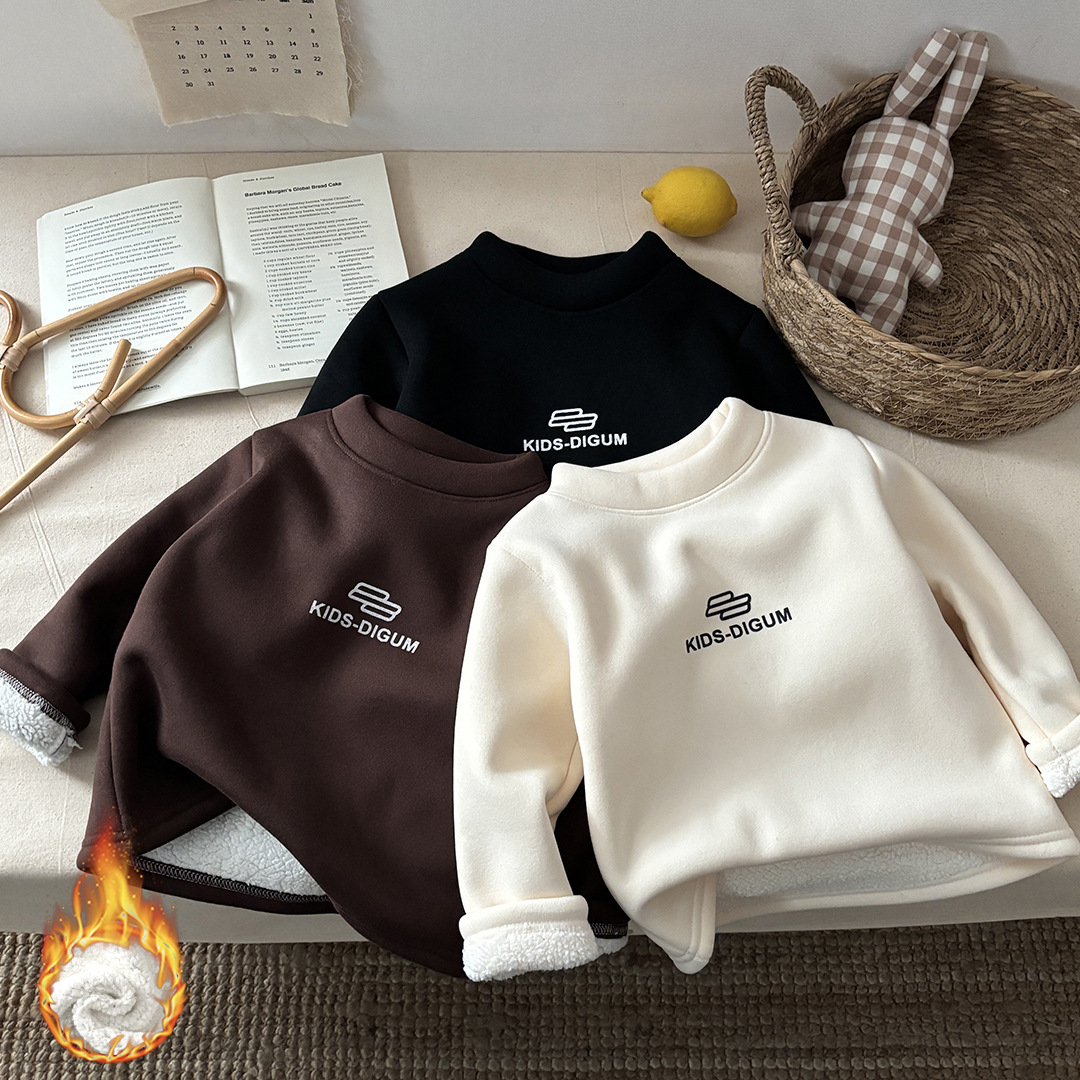 Children's fleece-lined warm top, high neck, long sleeves, autumn and winter, boys' and girls' sweatshirt, thickened underwear base layer.
