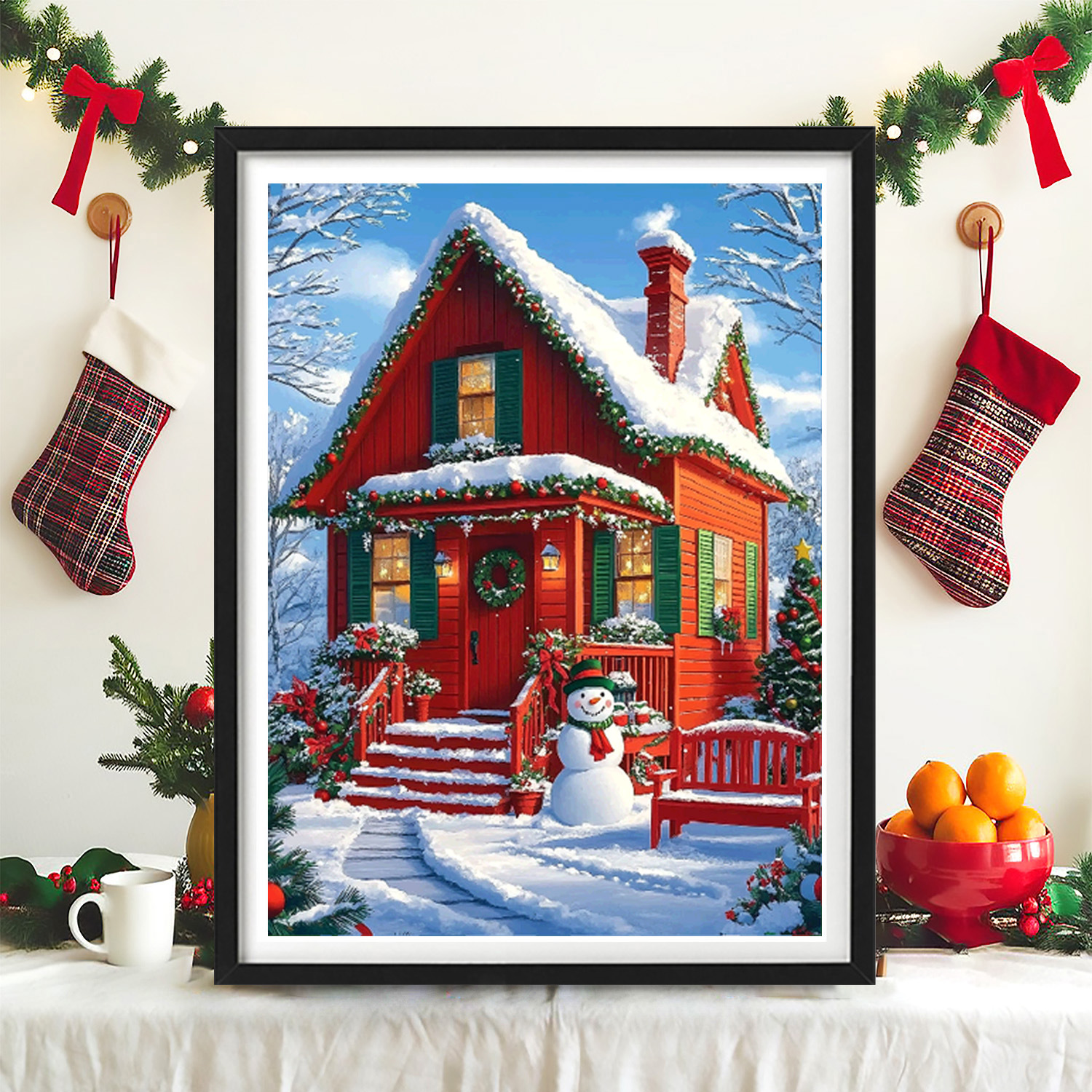 Ventas transfronterizas Amazon mayorista Navidad nuevo bordado cruzado Navidad casa roja paisaje de nieve Europa y América pintura decorativa de paisaje de nieve