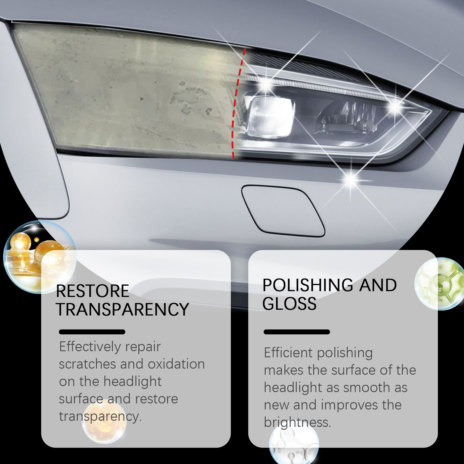 lešticí pasta na opravu světlometů automobilu, dekontaminace světlometů, renovace prachu, poškrábání, péče o lak automobilu_voghion.com