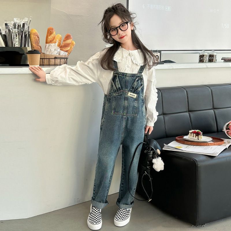 2025春秋季套装新款女童牛仔儿童背带裤中大童两件套洋气裤子学院