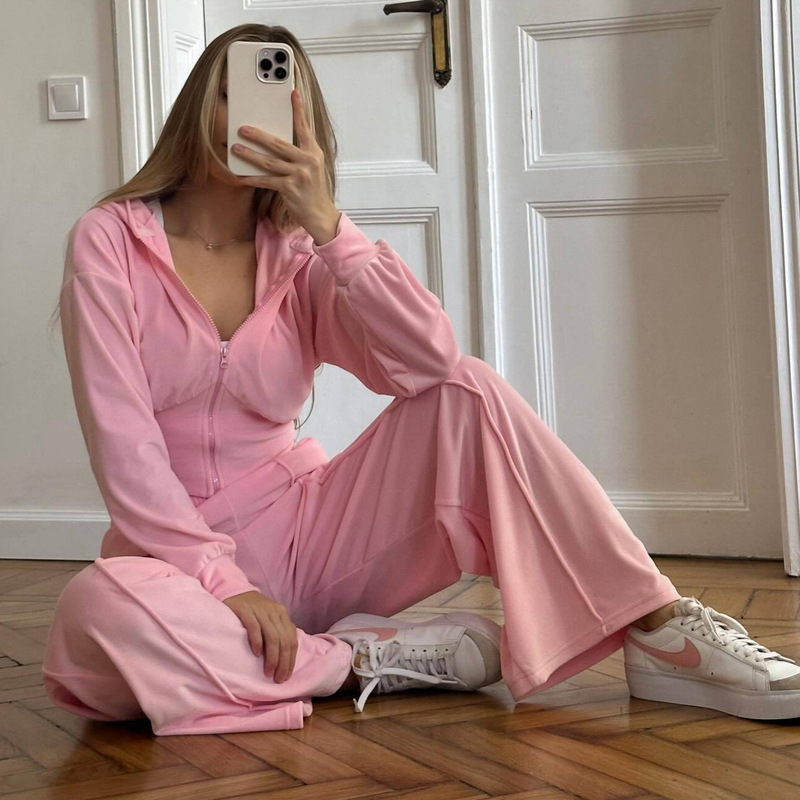 Amazon European and American Casual Silver Fox Velvet Women's Suit Solid Color Long-Sleeved Zipper Cardigan Elastic Wide-Leg Pants Two-Piece Set